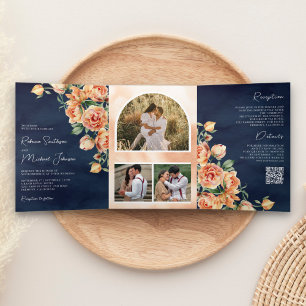Convite Com Dobra Tripla Terra Rústica Flor de Pêssego Código QR Casamento
