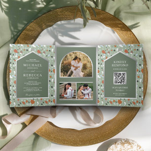 Convite Com Dobra Tripla Terra Verde Oliva Azulejo Terrazzo Código QR Casam