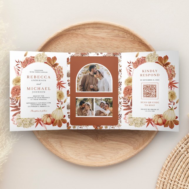 Convite Com Dobra Tripla Terracota Abóbora Floral Código QR Casamento (Criador carregado)