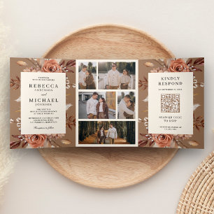Convite Com Dobra Tripla Terracota Creme Código QR Floral Bege Bege Casamen