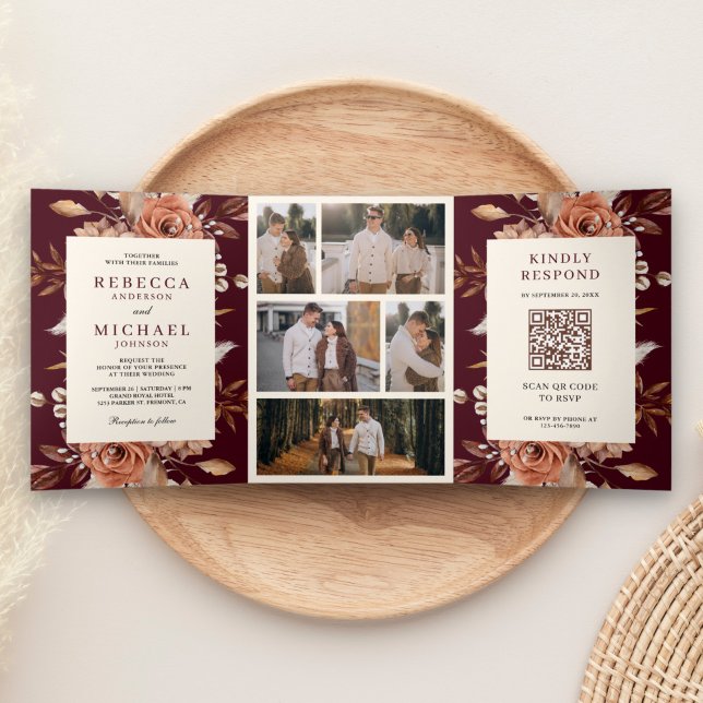Convite Com Dobra Tripla Terracota Creme Código QR Floral Casamento Borgonh (Criador carregado)