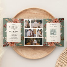 Terracota em Creme Código QR Floral Casamento Verd