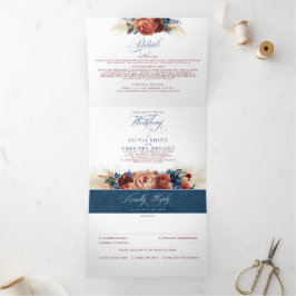 Convite Com Dobra Tripla Terracotta e Marinho Blue Elegant Boho Wedding