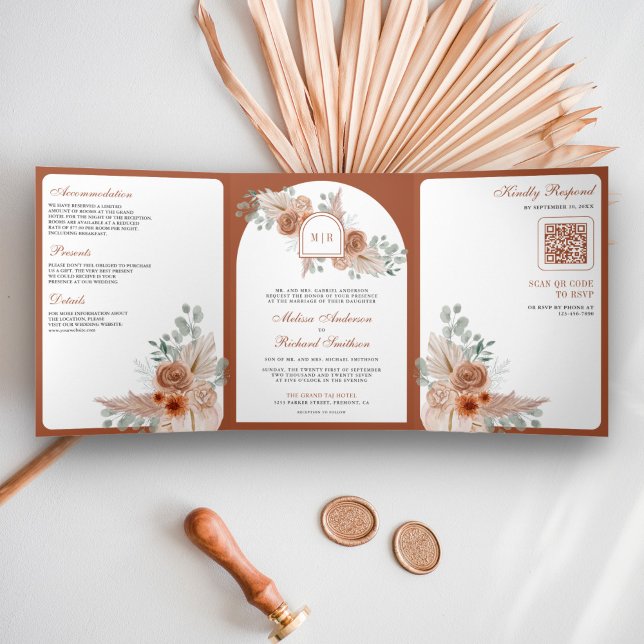 Convite Com Dobra Tripla Terracotta Floral Boho Pampas Queimou Casamento La (Criador carregado)