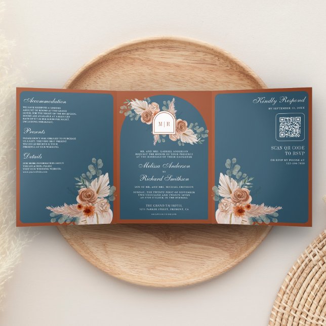 Convite Com Dobra Tripla Terracotta Floral Dusty Blue QR Code Wedding (Criador carregado)