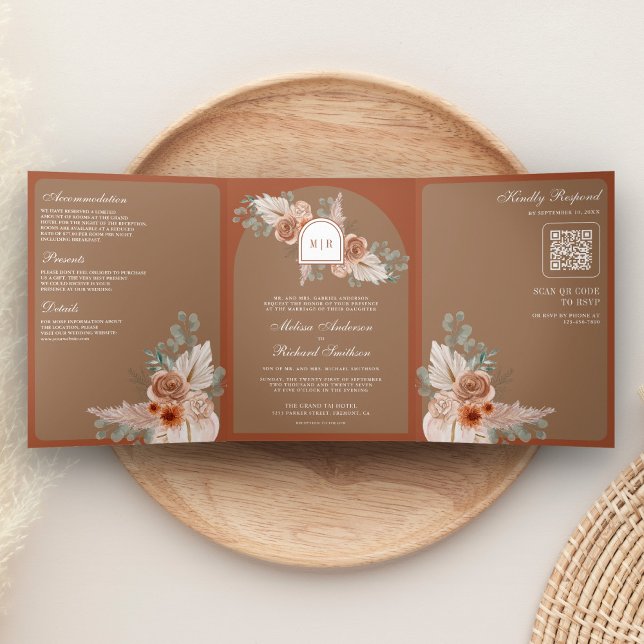 Convite Com Dobra Tripla Terracotta Floral Pampas Beige Tan QR Code Wedding (Criador carregado)