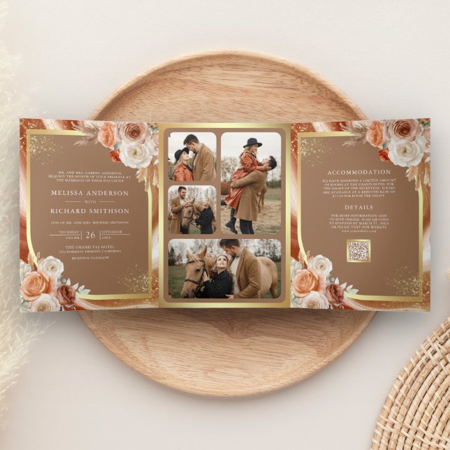 Convite Com Dobra Tripla Terracotta Floral Pampas Dourado Casamento Beige (Criador carregado)