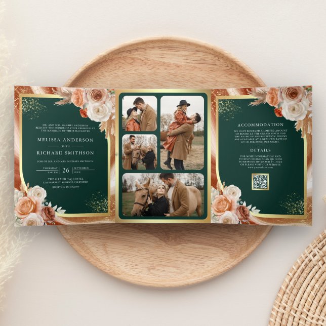 Convite Com Dobra Tripla Terracotta Floral Pampas Dourado Casamento Emerald (Criador carregado)