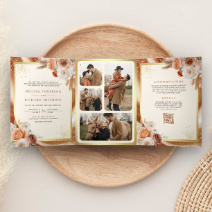 Convite Com Dobra Tripla Terracotta Floral Pampas Dourado Todos em Um Casam
