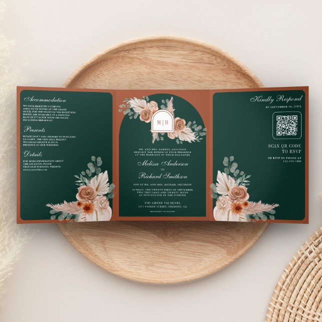 Convite Com Dobra Tripla Terracotta Floral Pampas Emerald QR Code Wedding (Criador carregado)