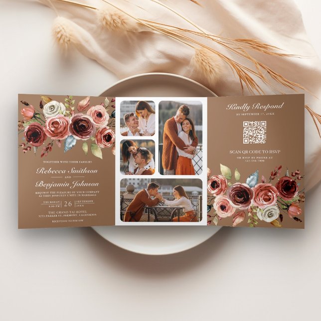 Convite Com Dobra Tripla Terracotta Floral QR Code Beige Tan Wedding (Criador carregado)