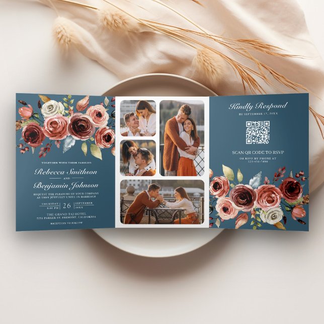 Convite Com Dobra Tripla Terracotta Floral QR Code Dusty Blue Wedding (Criador carregado)