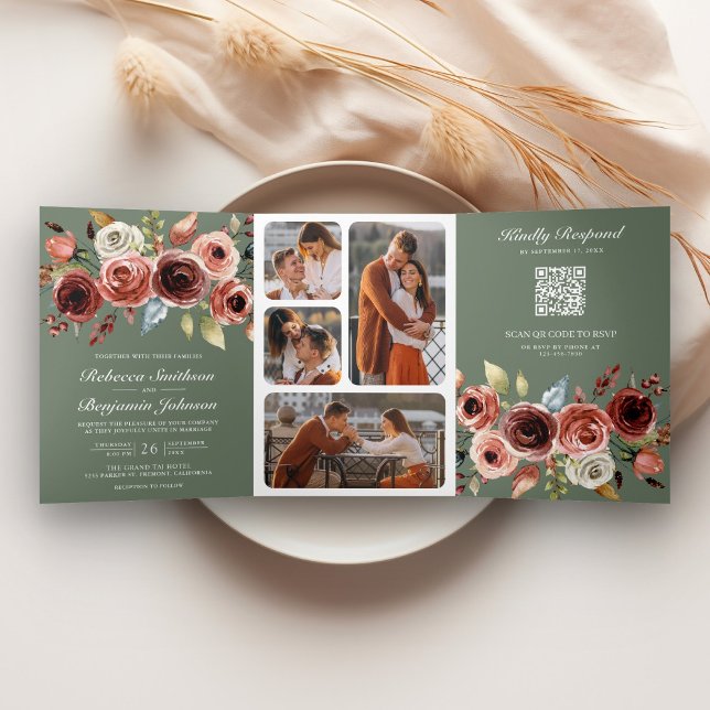 Convite Com Dobra Tripla Terracotta Floral QR Code Sage Green Wedding (Criador carregado)