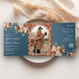 Convite Com Dobra Tripla Terracotta Floral Wildflower Dusty Casamento Azul