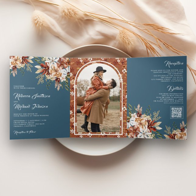 Convite Com Dobra Tripla Terracotta Floral Wildflower Dusty Casamento Azul (Criador carregado)