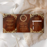 Convite Com Dobra Tripla Terracotta Gold Leaf Branch Tudo em Um Casamento<br><div class="desc">Incomodem seus convidados com este elegante convite de casamento, com lindas folhas de folha de ouro falsas, galho com tipografia tradicional e placa RSVP destacável. Basta adicionar os detalhes do seu evento neste modelo fácil de usar e enfeitar este cartão com a sua foto favorita para torná-lo um convite único....</div>