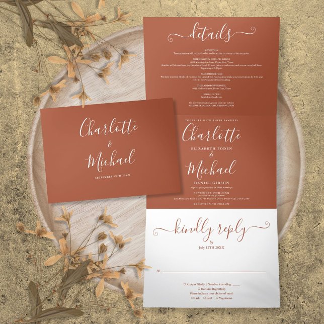 Convite Com Dobra Tripla Terracotta Modern Elegante Casamento Monograma (Terracotta Modern Elegant Script Monogram Wedding Tri-Fold Invitation)