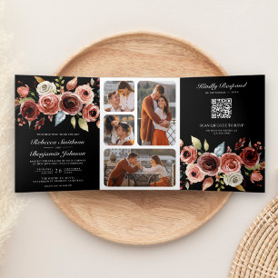 Convite Com Dobra Tripla Terracotta Watercolor Código QR Floral Casamento P