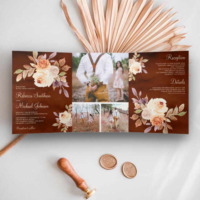Convite Com Dobra Tripla Terthy Dusty Peach Floral Terracotta Casamento (Criador carregado)