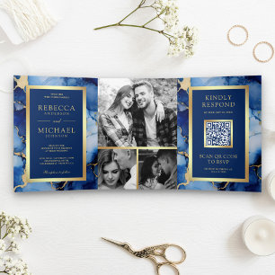 Convite Com Dobra Tripla Tinta Fluida Dourada Azul Real Código QR Casamento