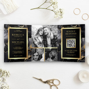 Convite Com Dobra Tripla Tinta Fluida Ouro Preto Código QR Casamento