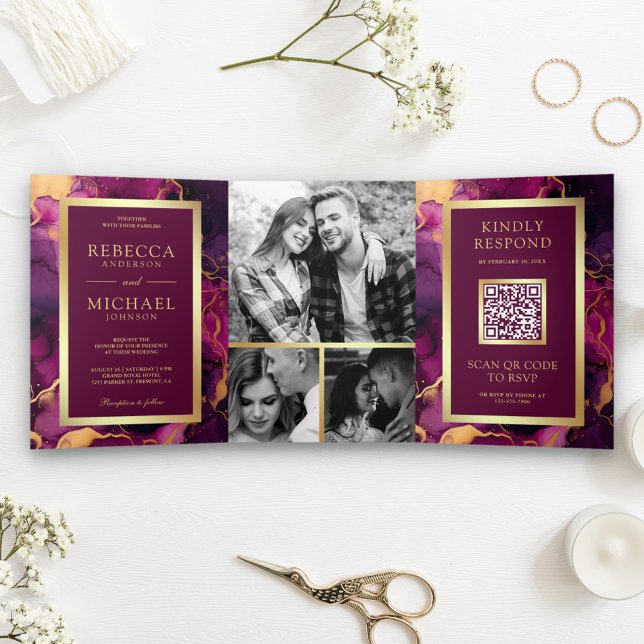 Convite Com Dobra Tripla Tinta Fluida Roxo Dourado Ameixa Código QR Casamen (Criador carregado)