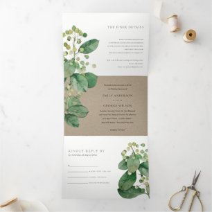 CONVITE COM DOBRA TRIPLA TRENDY KRAFT BERRY LEAFY FOLIAGE GREENERWWEDDING
