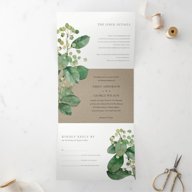 CONVITE COM DOBRA TRIPLA TRENDY KRAFT BERRY LEAFY FOLIAGE GREENERWWEDDING (Dentro)