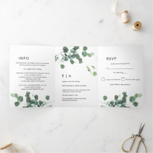 Convite Com Dobra Tripla Trim. Casamento Eucalyptus com Granja Verde Modern