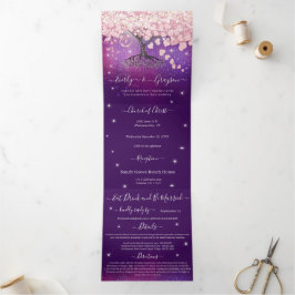 Convite Com Dobra Tripla Triplo Casamento de Árvores de Folha de Coração Pú