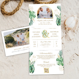 Convite Com Dobra Tripla Tropical Dourado Monstera Palmeira Código QR Foto 