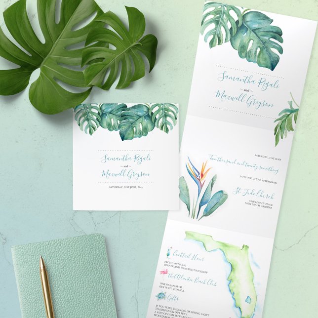 Convite Com Dobra Tripla Tropical Florida Wedding Invitation All In One (All in one Florida destination wedding invitations tropical watercolor art by Victoria Grigaliunas)