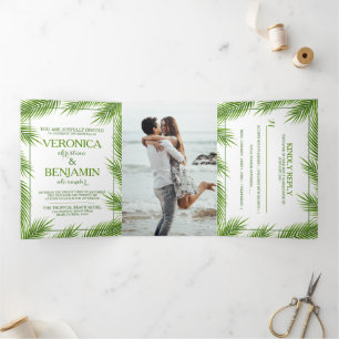 Convite Com Dobra Tripla Tropical Palm Leaves Beach Wedding Suite