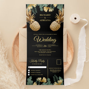 Convite Com Dobra Tripla Tropical Palma Preto Ouro Abacaxi Casamento