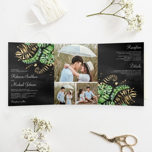 Convite Com Dobra Tripla Tropical Verde Ouro Monstera Palma Preta Casamento (Criador carregado)