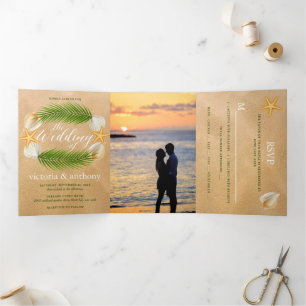 Convite Com Dobra Tripla Tropical Wreath Sandy Beach Wedding Suite