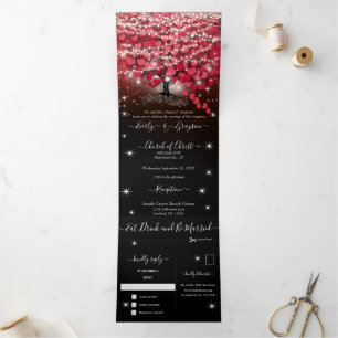 Convite Com Dobra Tripla Tudo Em Um Casamento De Folha De Coração Vermelha