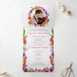 Convite Com Dobra Tripla Tudo Em Um Casamento Floral Rosa Púrpura Vermelha