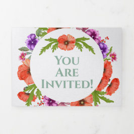 Convite Com Dobra Tripla Tudo Em Um Casamento Floral Rosa Púrpura Vermelha