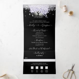 Convite Com Dobra Tripla Tudo Em Um Elegante Lilás Roxo Coração Folha Casam