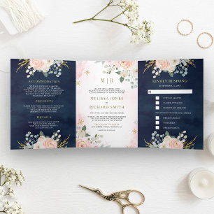 Convite Com Dobra Tripla Tudo em Um Floral Rosa Bege Dourado Casamento Azul
