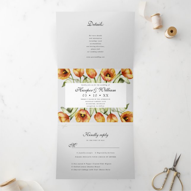 Convite Com Dobra Tripla Tulipas de primavera de aquarelas, todas em uma (Dentro)