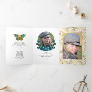 Convite Com Dobra Tripla Turquesa e Quinceañera Floral Dourada