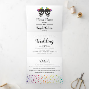 Convite Com Dobra Tripla Two skull brides colorful confetti lesbian wedding