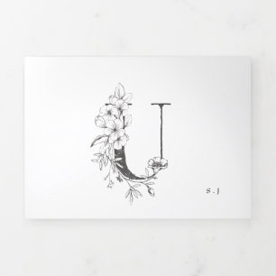 Convite Com Dobra Tripla "U" Monograma Linda Casamento Floral Escrito