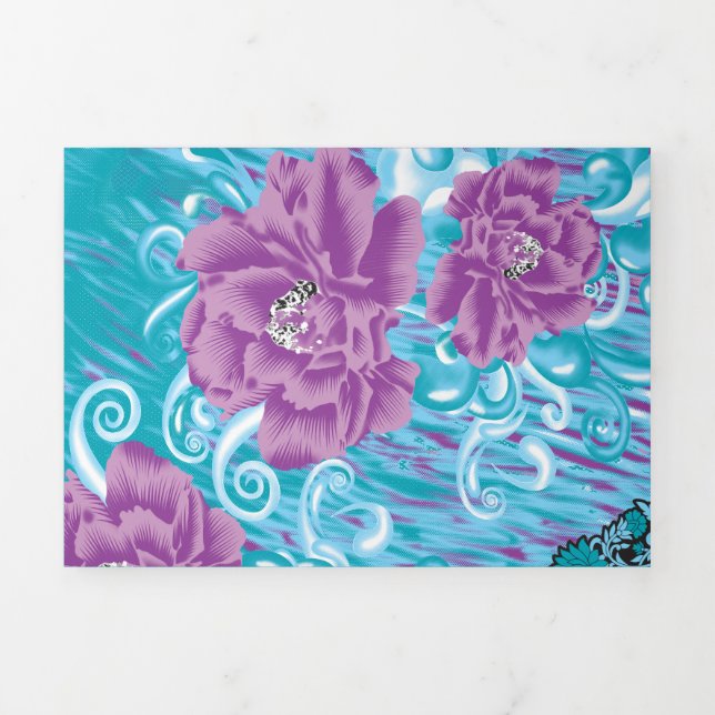 Convite Com Dobra Tripla Um vibrante design de tecido com roxo e turquesa (Cobrir)
