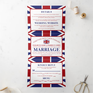 Convite Com Dobra Tripla Union Jack Flag, British Wedding Suite