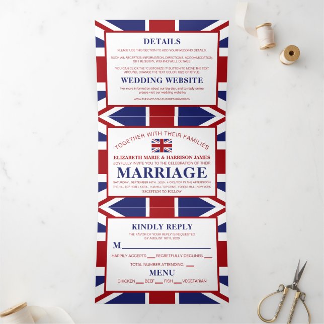 Convite Com Dobra Tripla Union Jack Flag, British Wedding Suite (Dentro)