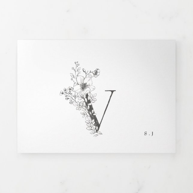 Convite Com Dobra Tripla "V" Monograma Linda Casamento Floral Escrito (Cobrir)