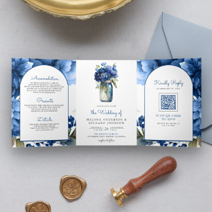 Convite Com Dobra Tripla Vaso de Pedra com Código QR Floral Azul Real Casam